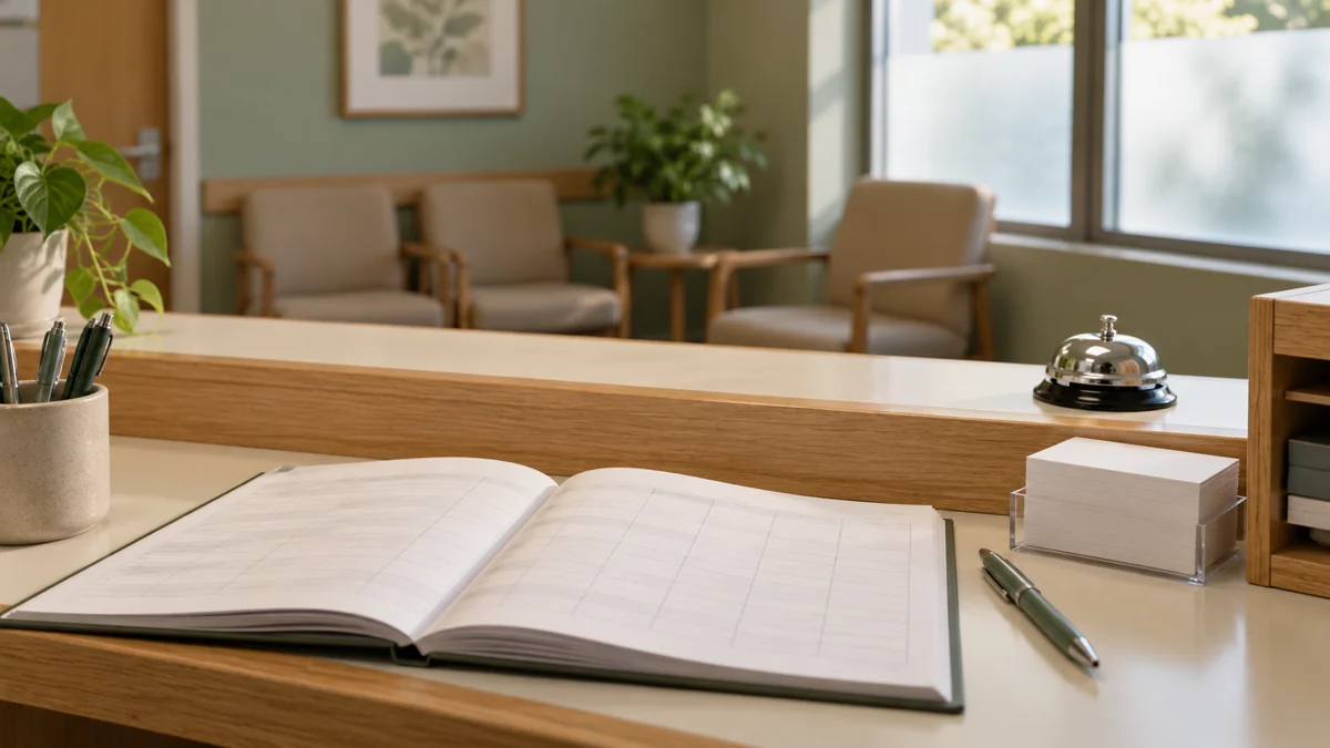 The staff side of a small clinic reception desk: a desk bell, a stack of blank intake forms, a pen and an appointment book, no one in the frame.
