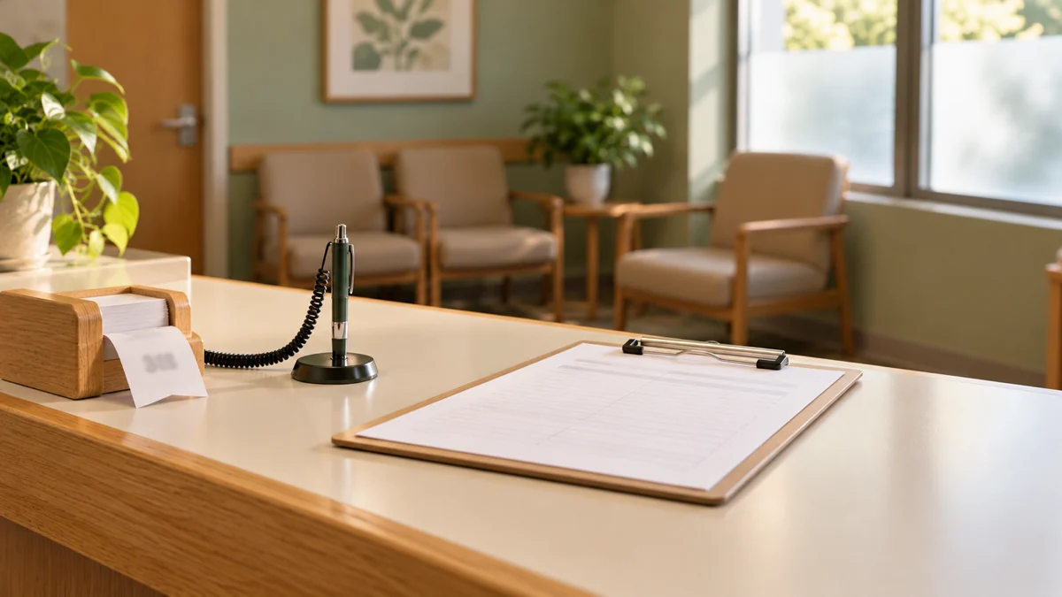 A clinic reception counter seen from the visitor's side: a numbered ticket, a pen on a string and a clipboard, nobody behind the desk.